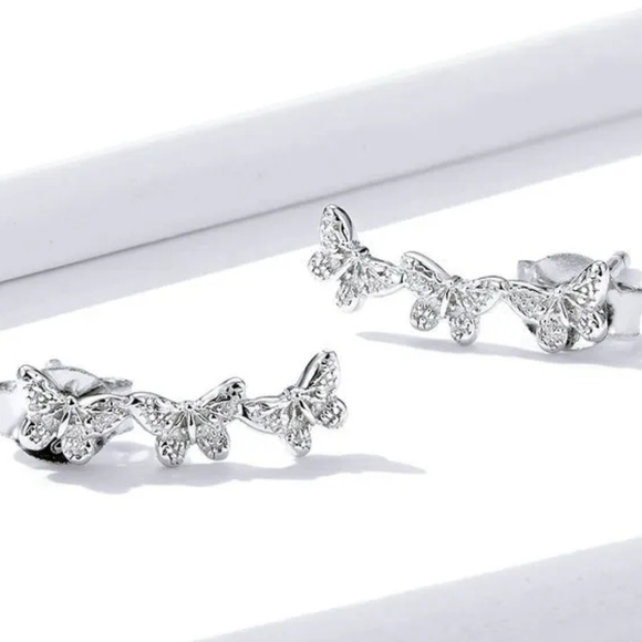 New Silver Flying Butterfly Stud Earrings - Picture 2 of 5